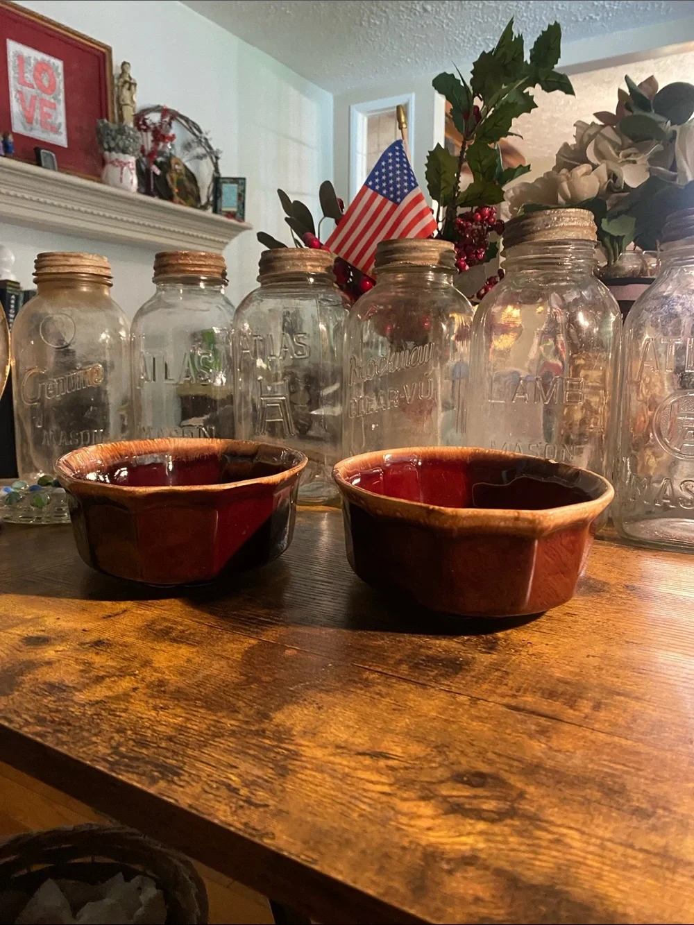 Set of 2 McCoy 7070 USA of proof Ceramic Brown and Deep Red Glazed Bowls